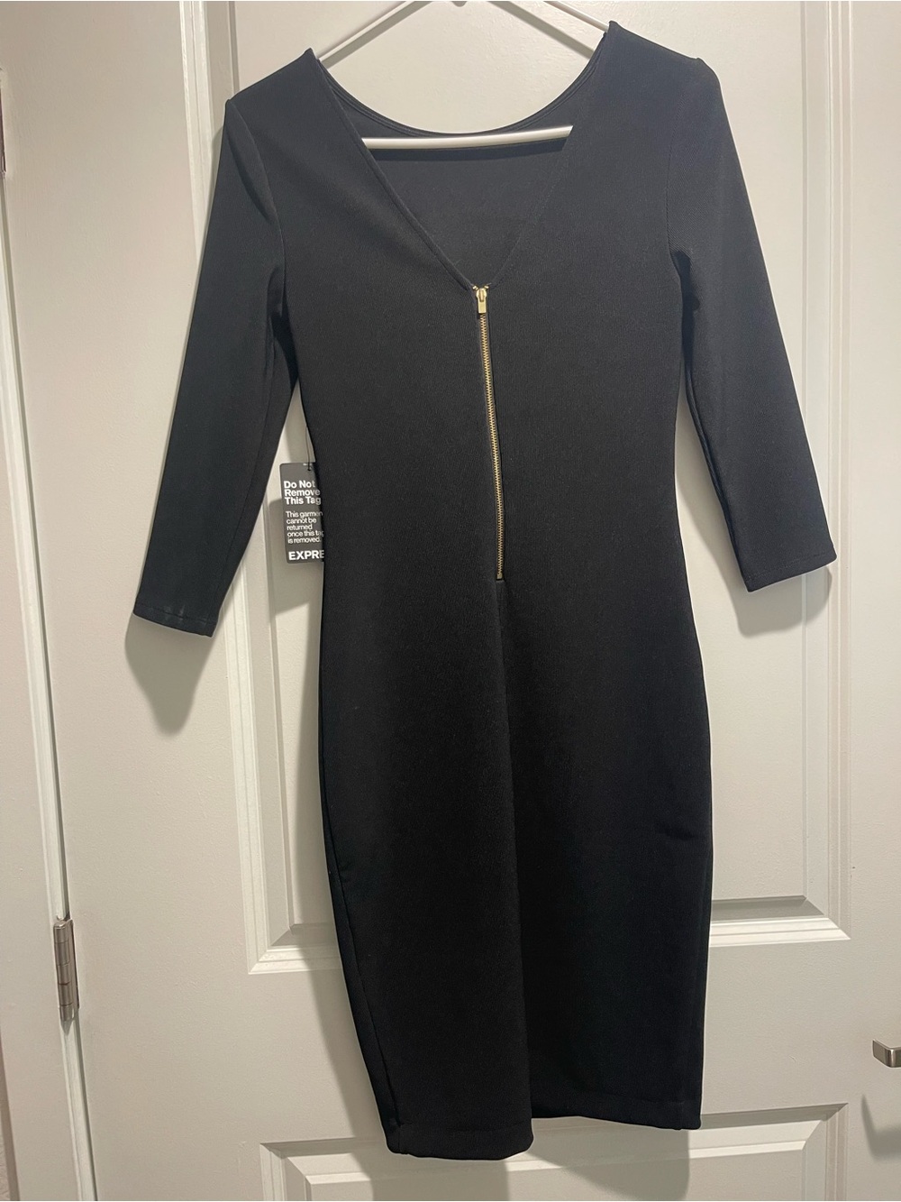 Express Black Long-Sleeve V-Neck Zip-Front Bodycon Dress